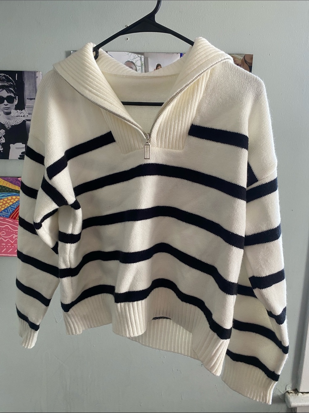 SHEIN Cream and Black Striped Half-Zip Pullover